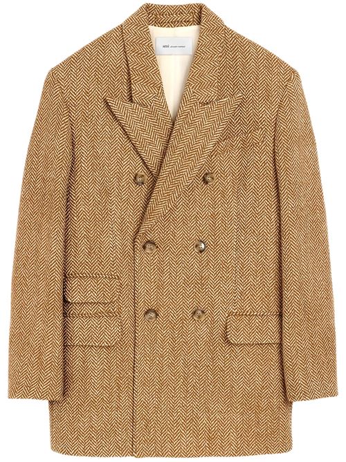 Blazer doppiopetto in lana marrone a spina di pesce AMI PARIS | FBV776WV0214A255